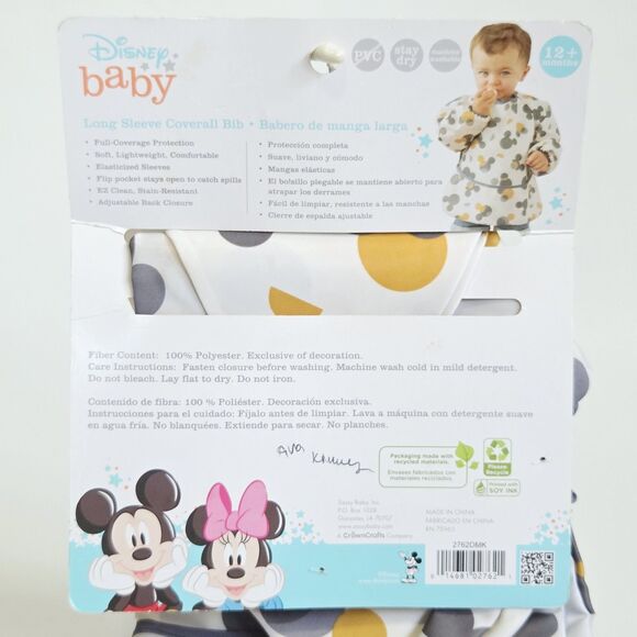 Disney Baby Long Sleeve Coverall Bib Mickey Mouse Stain Resistant Adjustable - Picture 8 of 9